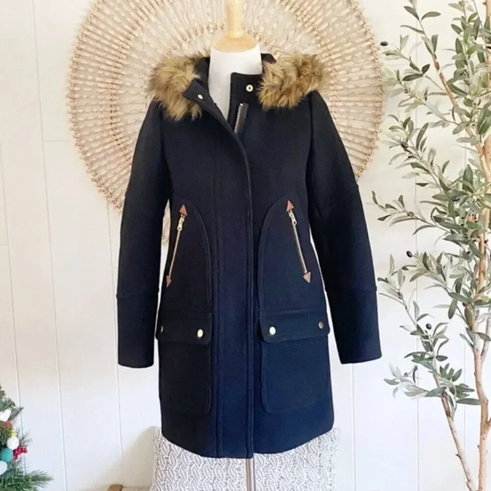 J. Crew‎ Chateau Parka Stadium Italian Wool Faux Fur Hood SZ 0